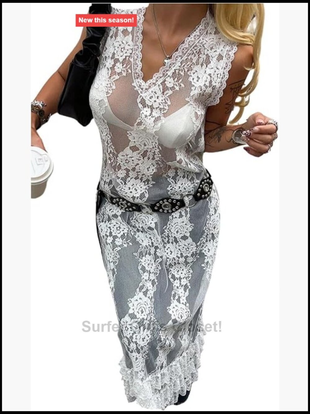 Sheer Mesh Lace Dress V Neck Sleeveless Ruffle See Through Long Tank Dress